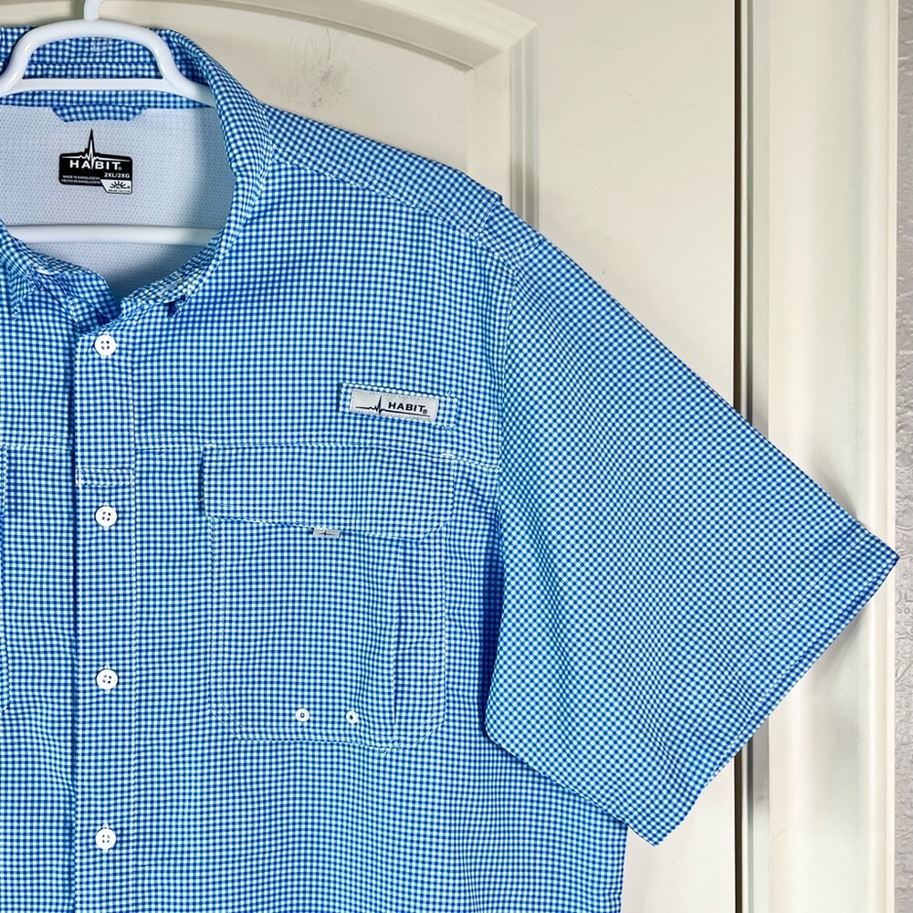 Habit Performance Fishing Shirt 2XL Blue Gingham Plaid Vented Back Pockets